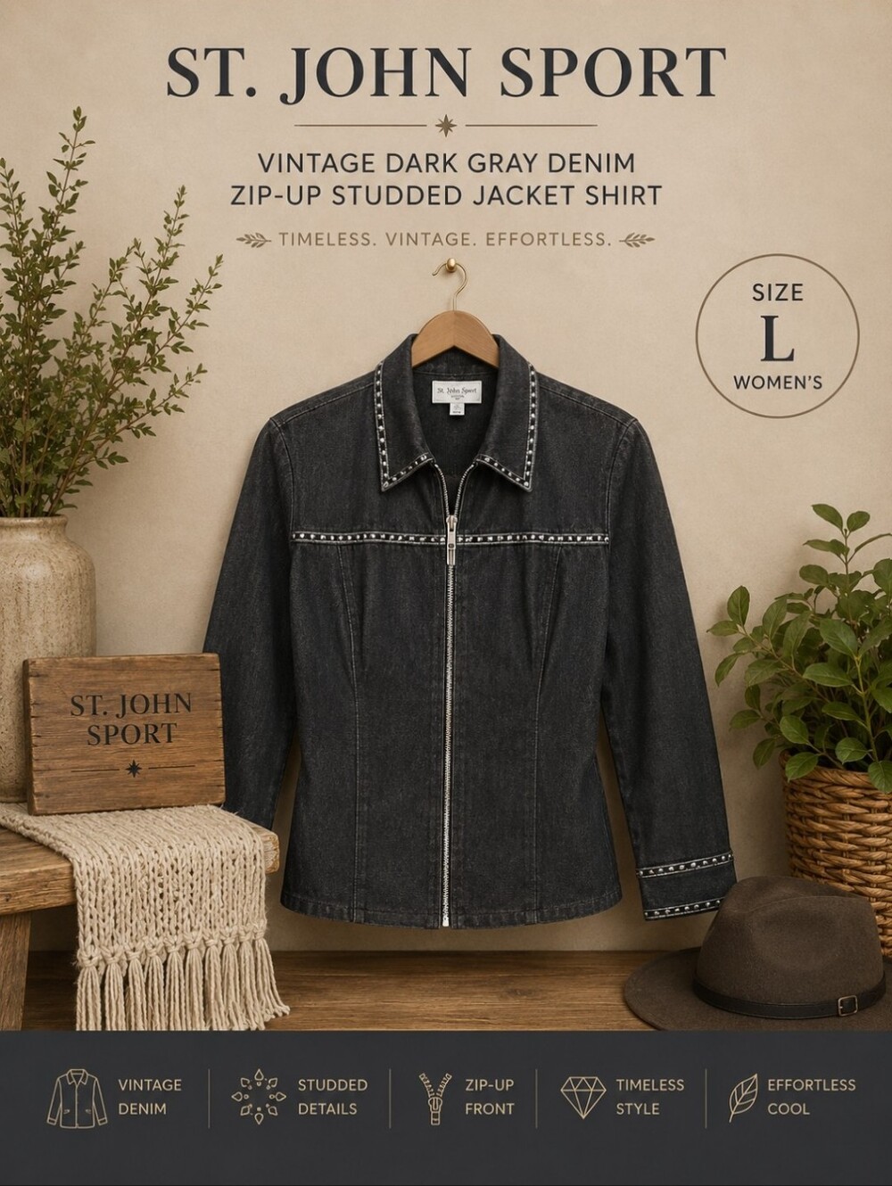 St. John Sport Vintage Dark Gray Denim Zip-Up Studded Jacket Shirt